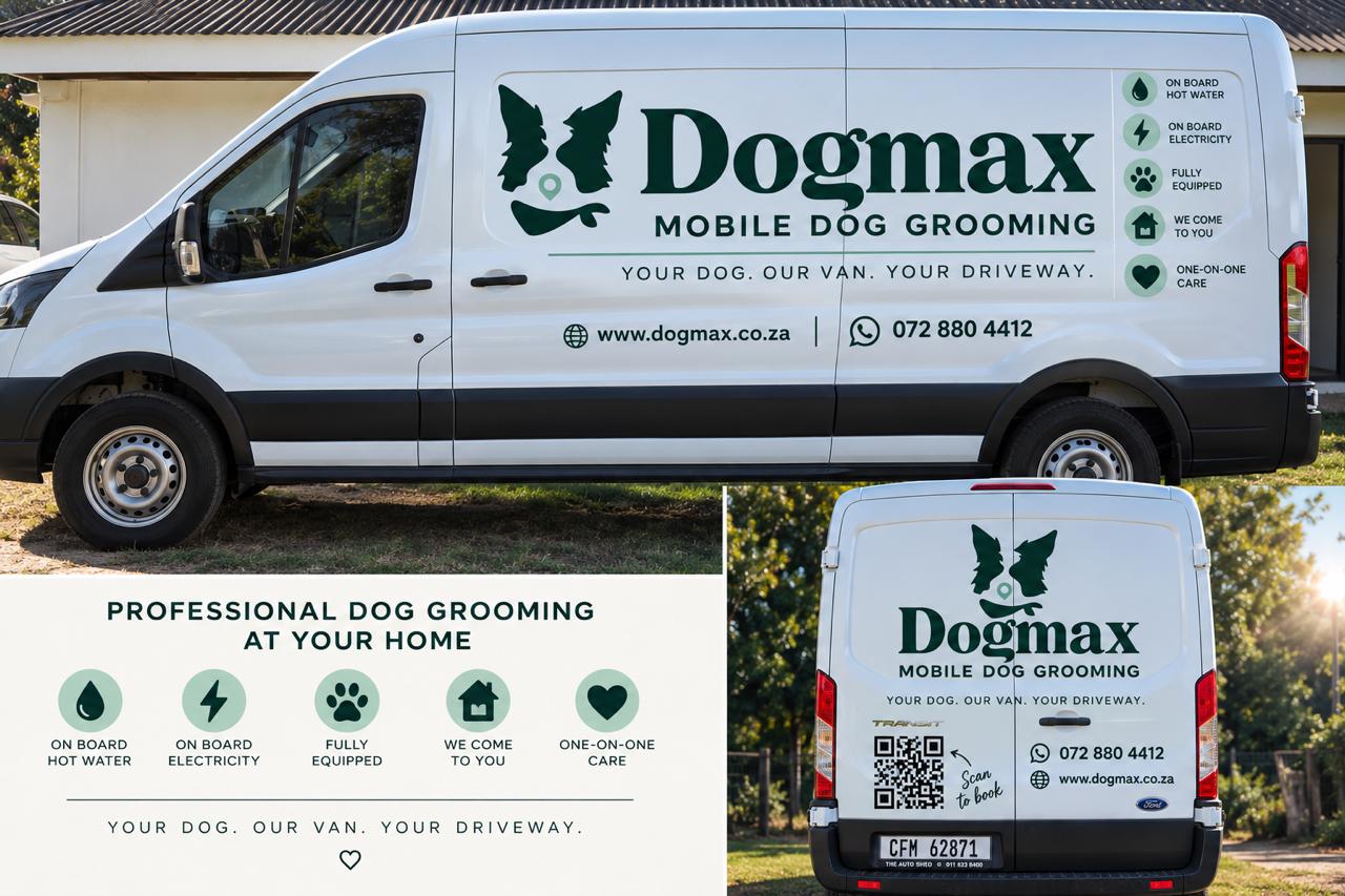 DogMax mobile dog grooming van, fully branded, parked at a home
